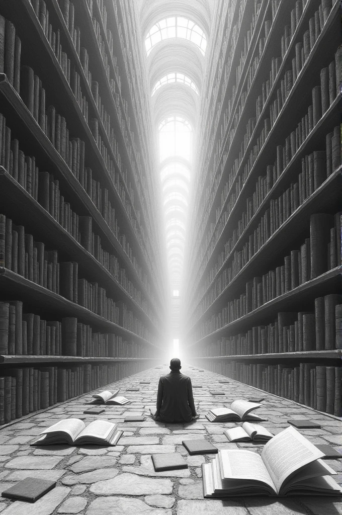 Pencil drawing of a huge library, with endless shelves on the sides and corridors that seem to have no end, and a person with depression within this, lost and disoriented, sitting on the floor with dozens of open books around them.
