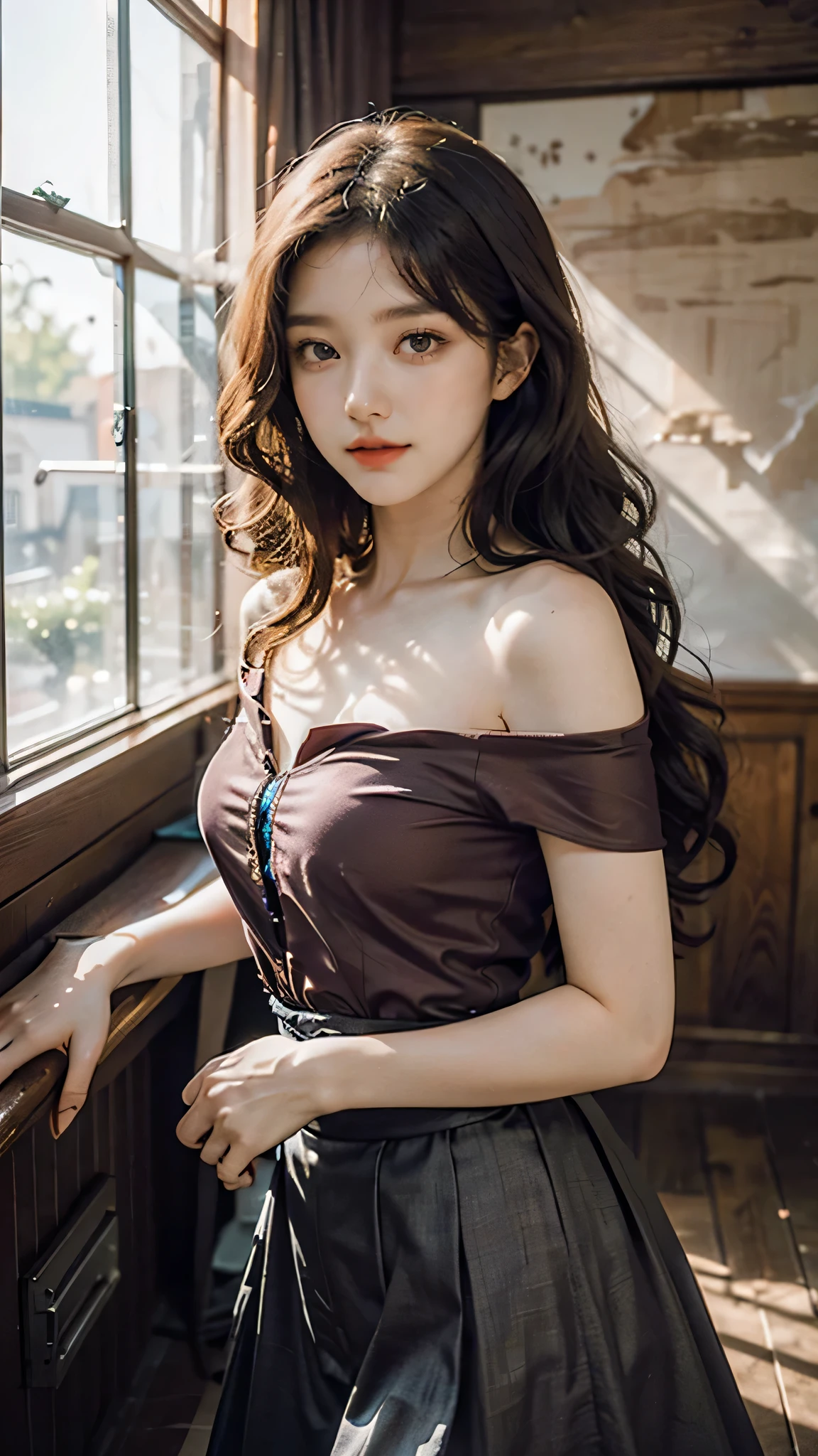 detailed background, masterpiece, best quality, 1 person , curly hair, long hair, purple eyes, star in eye , sharp red Strapless blouse, long skirt, cute different poses, indoor wood furniture ,light wood color,, upper body , Red color