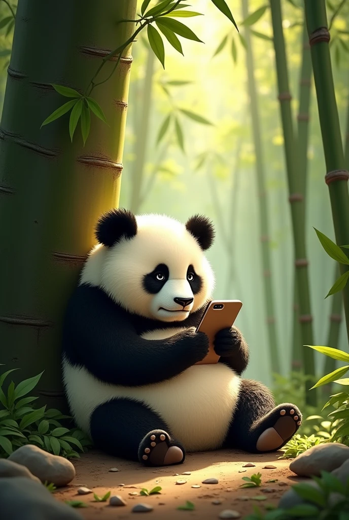 An unlucky panda which is a failure in all things,siting lazily and using phone