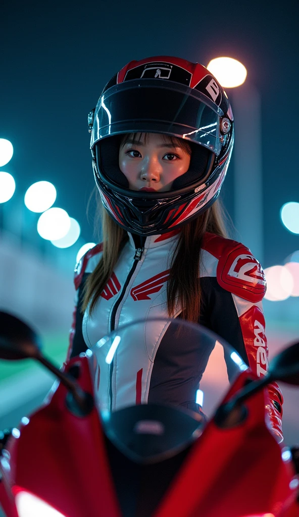 (very beautiful Japanese high school girl), professional motorcycle racer, about to Ride on a racing motorcycle, at circuit at night, dramatic scene, masterpiece, (face focus:1.3), clear helmet visor, beautiful eyes, Honda CBR1000RR, Shoei helmet, (wearing motorcycle racer's outfits)