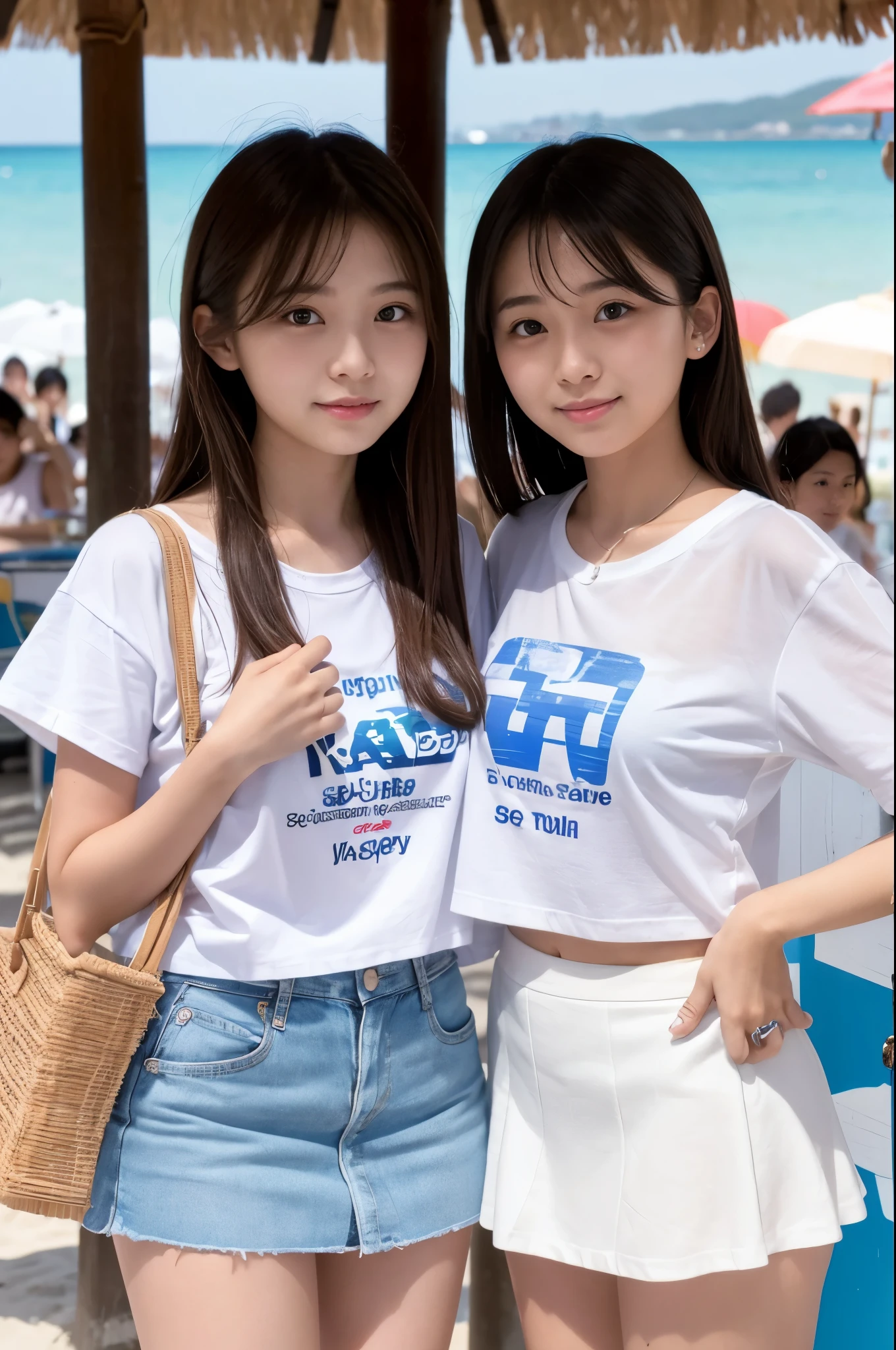 Two girls (20 years old, Japanese cute face) are wearing white Tshirts, mini skirt at the beach bar