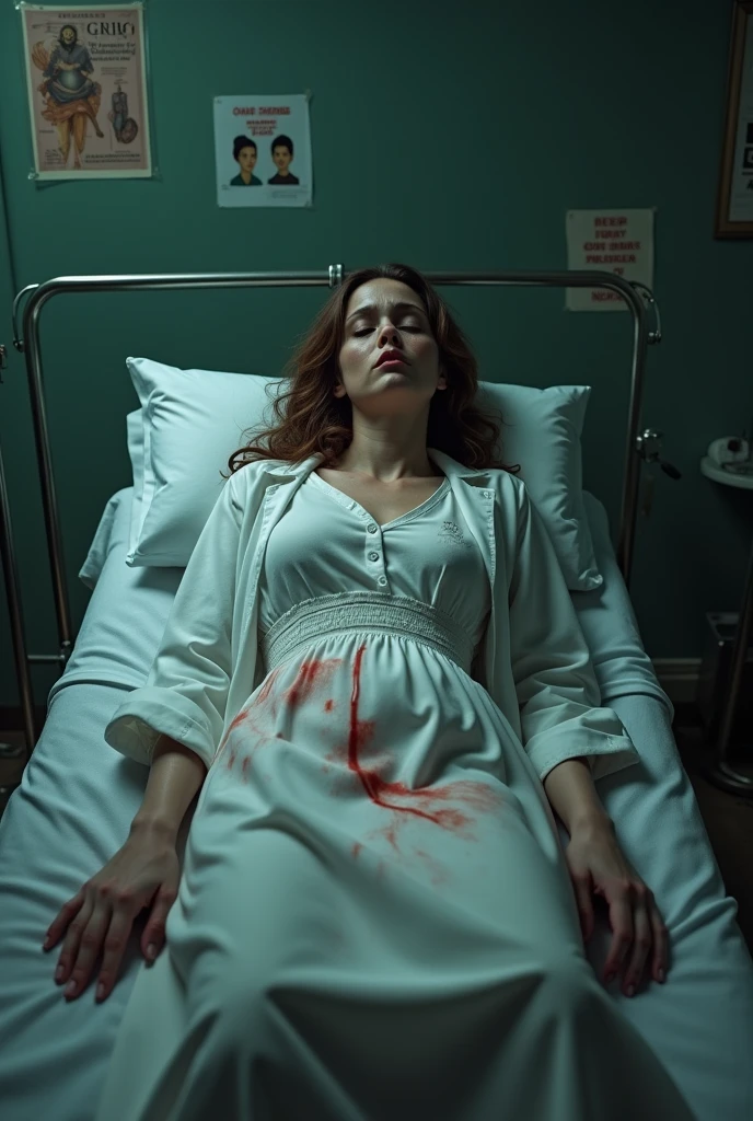 A lady is lying on the doctor's bed, she is wearing a white coat, she is crying, her face has blood stains on her dress