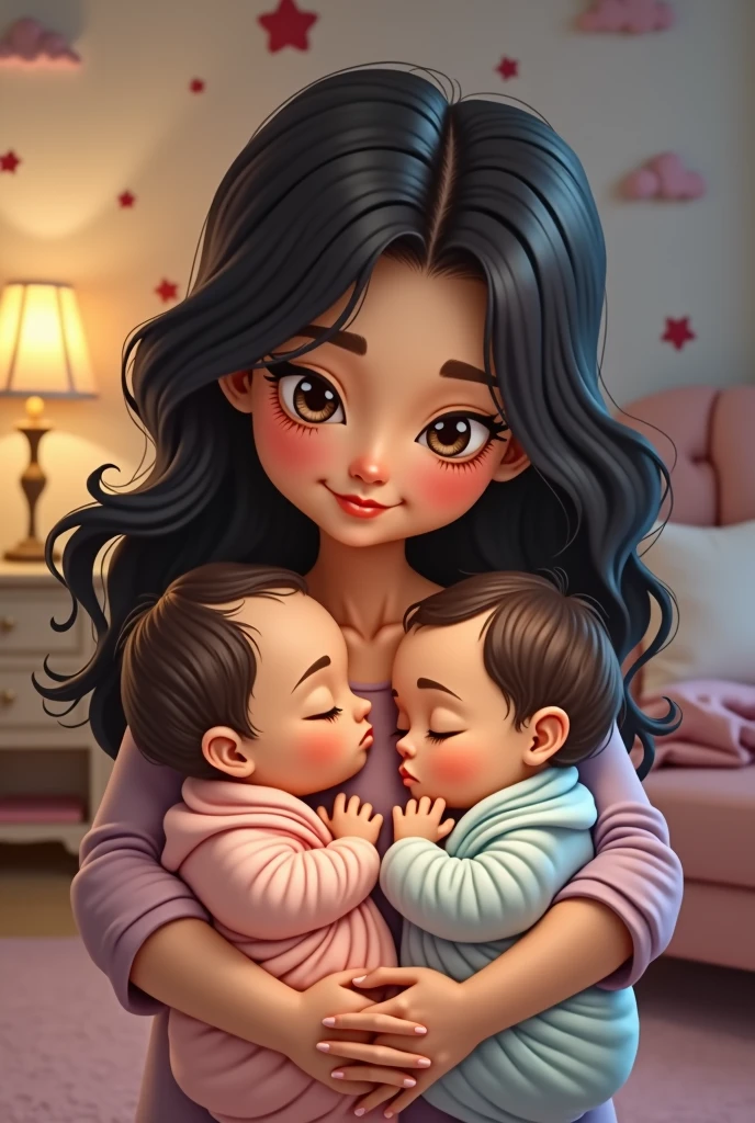 black-haired woman holding two sleeping twin babies