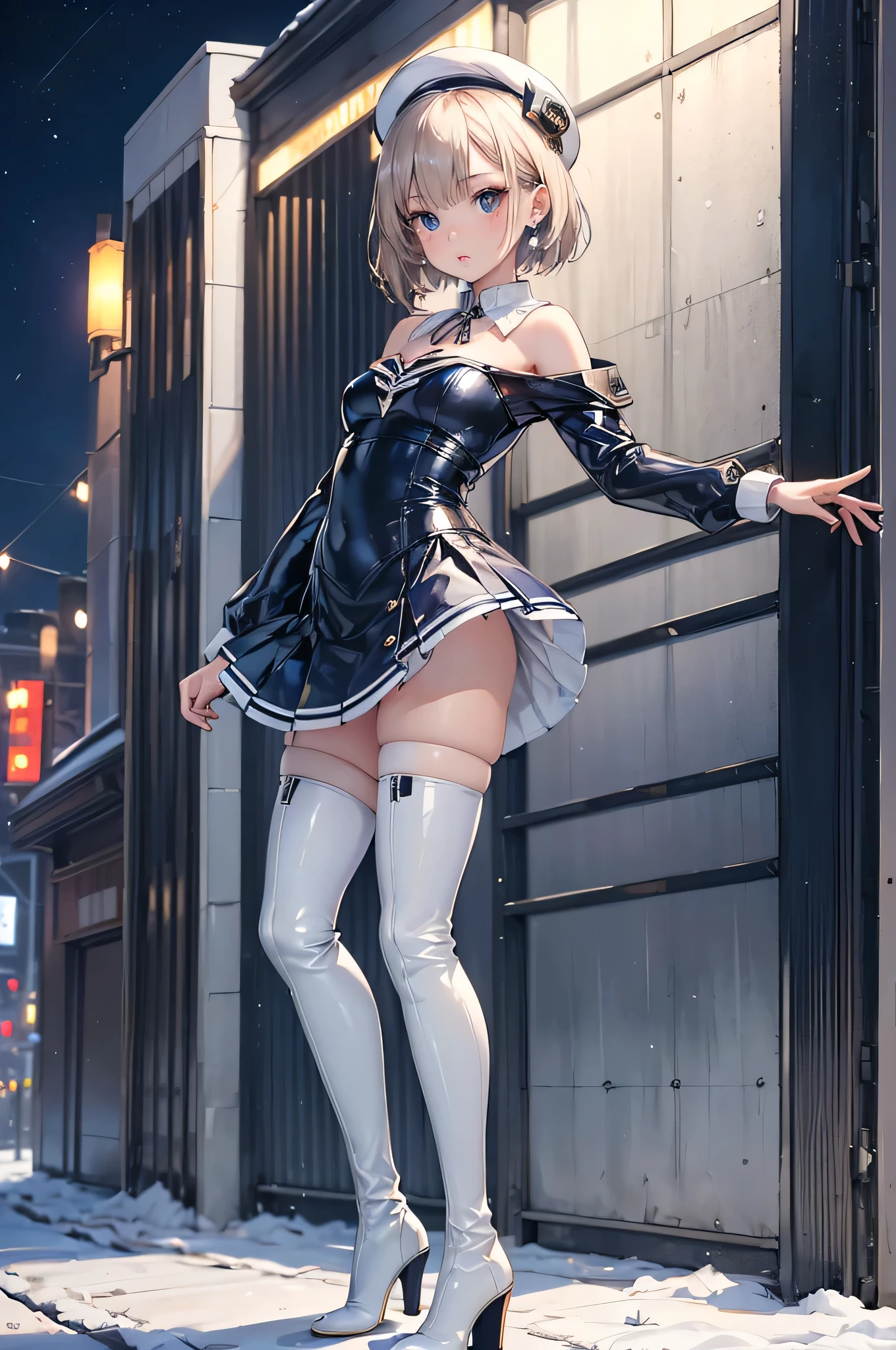 ((Biologically correct limb count)),(( From head to toe,Full-body photo including face)),4K,((Standing position)),masterpiece,((Focus on the face)),((Symmetrical facial features)),Eyes with detailed description,Beautiful woman,Great style,Beautiful arms,Beautiful legs,Beautiful Hands,(Small Ass,Thin thighs),Detailed depiction of the face,Small earrings,necklace,(Navy and white latex outfit,mini skirt((High heels,Thigh-high boots))),Realistic photo,Short Hair,Stand at an angle,Meeting,Alluring,beret,Outdoor,Tokyo,night
