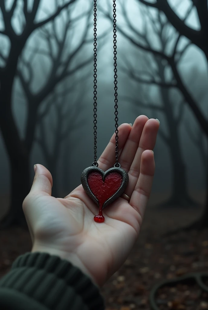  hand holding a necklace that has a heart split in half and the necklace has some blood on it and the background is a forest with some leafless trees 