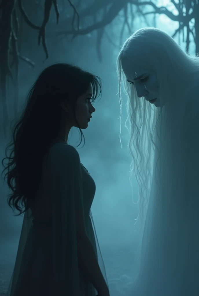 In 3d animation style "Radhika bravely speaking to the ghostly woman, with a determined look on her face, while the ghost weeps silently"