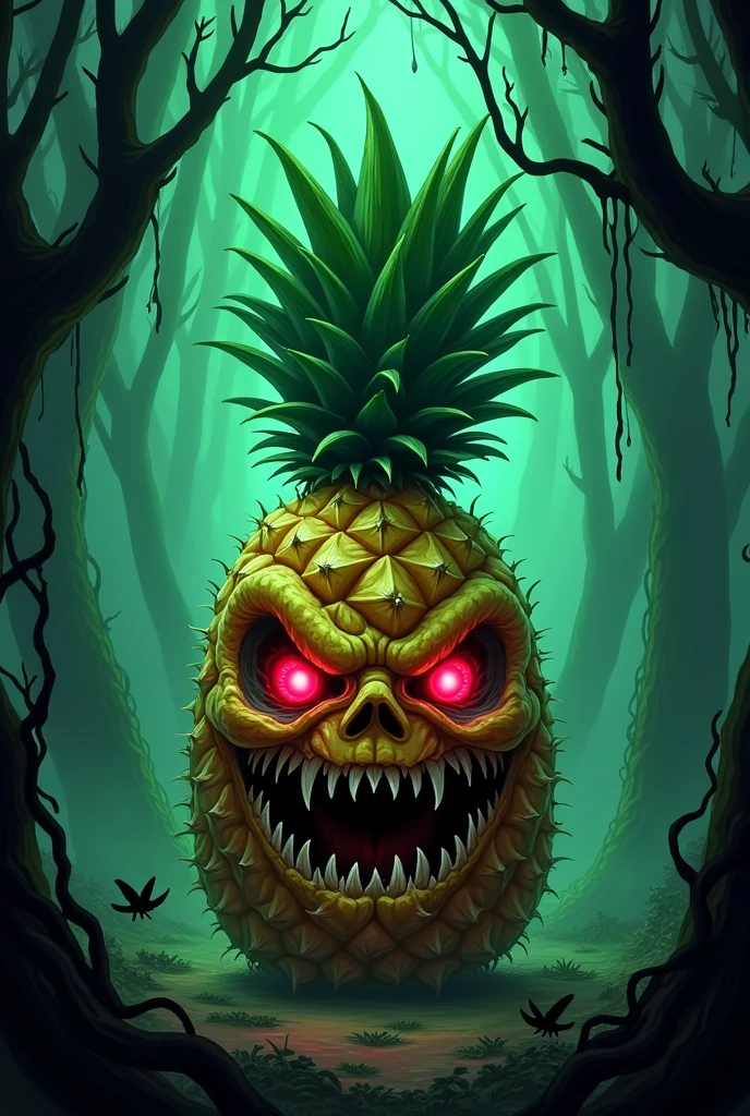 Create a scary pineapple illustration, Make it even more terrifying