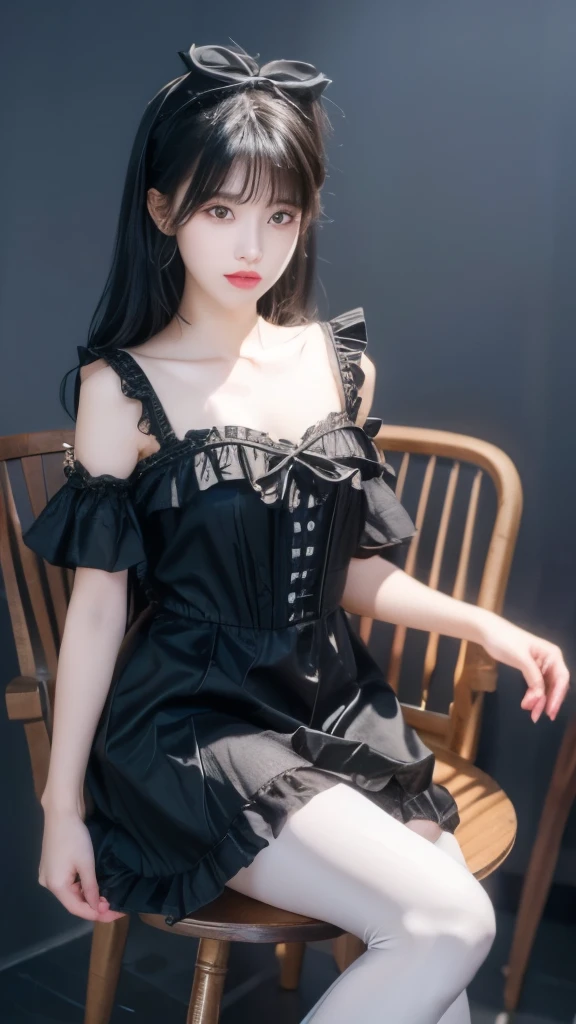 Super cute black hair,Black Lolita dress girl. 8K ultra-high quality, Delicate texture, Pure white background,(Wear black pantyhose),Show long legs,sit on the chair,18-year-old girl