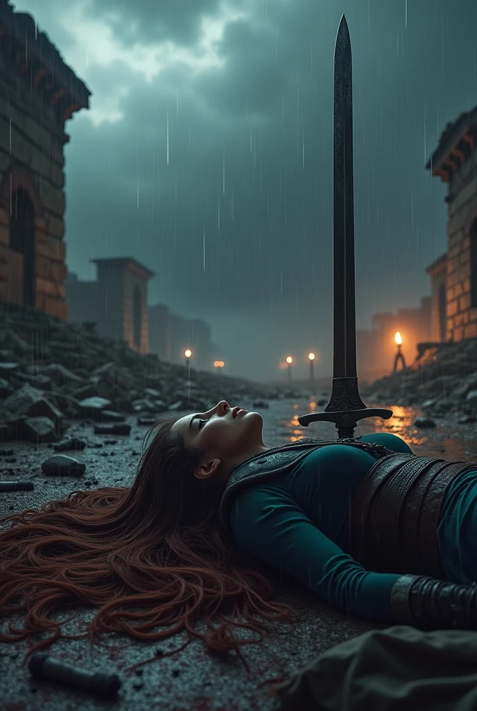 The female hero died with a sword thrust through her chest.