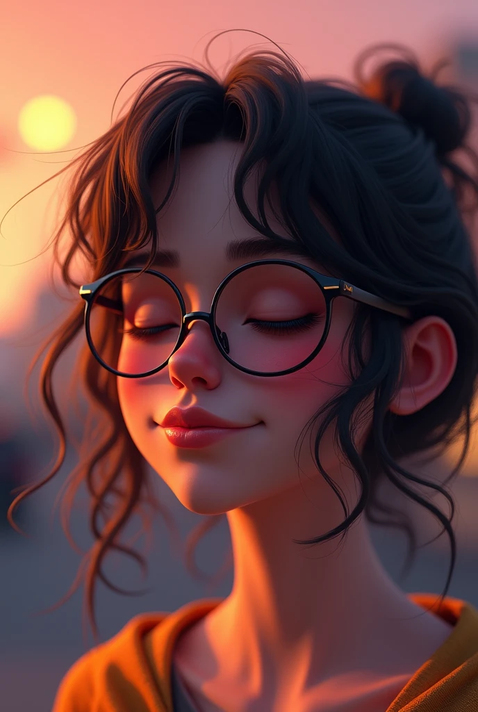 A teenage female with eyes closed, with broken hair, thick lips, high, thin and with a light smile and shy expression, bite her upoer lips, put on oakley glasses,3d render
