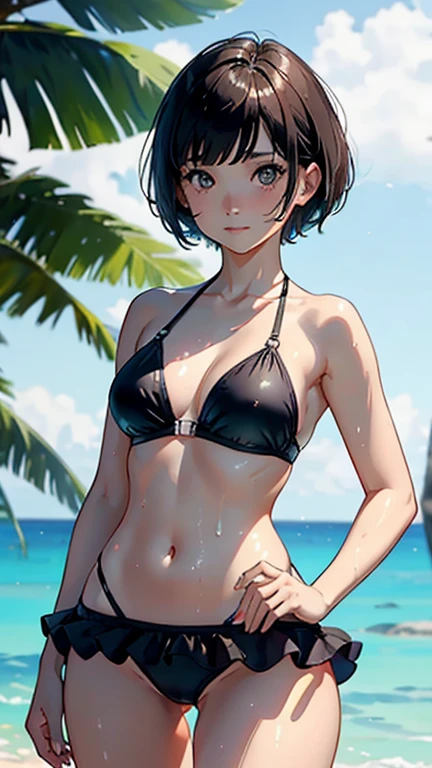 (Highest quality, masterpiece, High resolution)、(Anime Art)、 (reality)、Beautiful woman、(1 female)、18-year-old、(Please put your hands on your hips)、(Detailed depiction of a beautiful face)、Smiling Kindly、chest、Slim figure、medium short hair、semi-long、Two-tone hair、Wet、Sweat、bikini、micro bikini、A pareo skirt with bold ethnic patterns and plenty of primary colors、Realistic Skin、Wet、whole body、No zoom、No close-ups、Cinematic Light、Tropical colors、(Blank Background)、(White Background)、Perfect Face, Cute and symmetrical face, Glowing Skin, Sunburned skin, (short hair:1.2, Bobcut:1.2, Brown Hair), Asymmetrical bangs, Oil