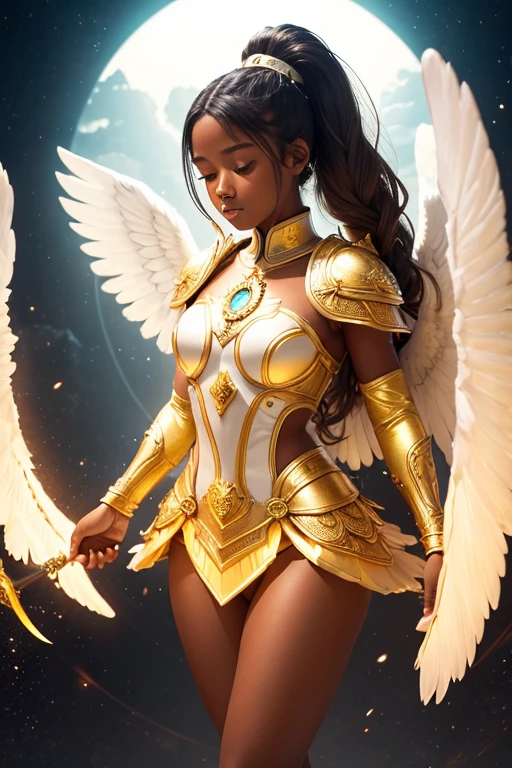 A young 15- yr old native European girl with lovely charminvg face,(dark skin texture masterpiece), (perfect full body detailed anatomy), (Super accessories detailed), (meditating ), (perfect detailed glowing bright eyes),(short ponytail illuminating yellow crystalized hair),Wearing transparent costume of an angel,holding a treasure septer & shield, illuminating different lights covers the sorrounding atmosphere Has beautiful large white wings, The character solemnly praying