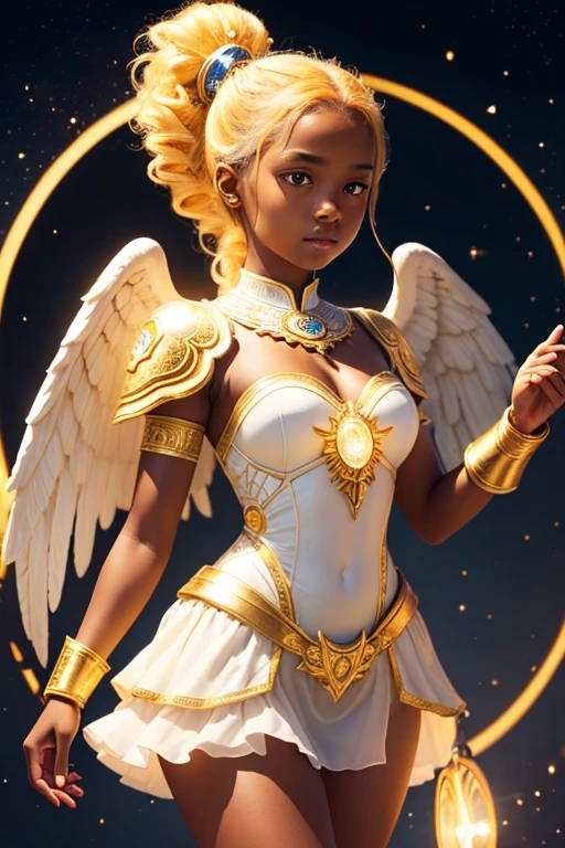 A young 15- yr old native European girl with lovely charminvg face,(dark skin texture masterpiece), (perfect full body detailed anatomy), (Super accessories detailed), (meditating ), (perfect detailed glowing bright eyes),(short ponytail illuminating yellow crystalized hair),Wearing transparent costume of an angel,holding a treasure septer & shield, illuminating different lights covers the sorrounding atmosphere Has beautiful large white wings, The character solemnly praying