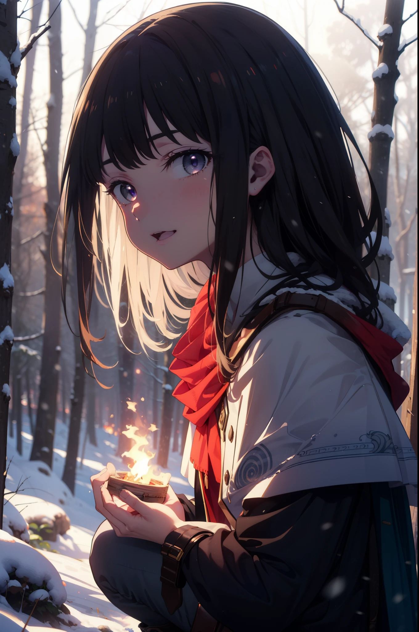 Takiuchi, Inoue Check, Long Hair, bangs, Black Hair, (Purple eyes:1.2),smile,
Open your mouth,snow, fire, Outdoor, boots, snowing, From the side, wood, suitcase, Cape, Blurred, forest, nature, Squat, Cape, winter, Written boundary depth, Black shoes, red Cape break looking at viewer, Upper Body, whole body, break Outdoor, forest, nature, break (masterpiece:1.2), Highest quality, High resolution, unity 8k wallpaper, (shape:0.8), (Beautiful and beautiful eyes:1.6), Highly detailed face, Perfect lighting, Highly detailed CG, (Perfect hands, Perfect Anatomy),