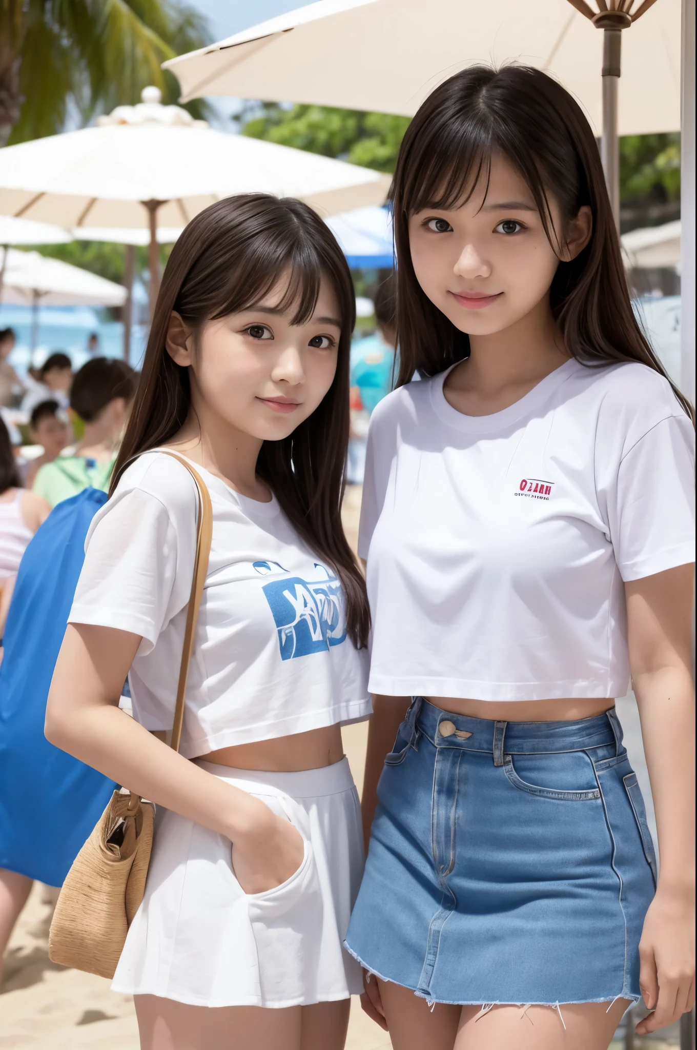 Two girls (20 years old, Japanese cute face) are wearing white Tshirts, mini skirt at the beach bar