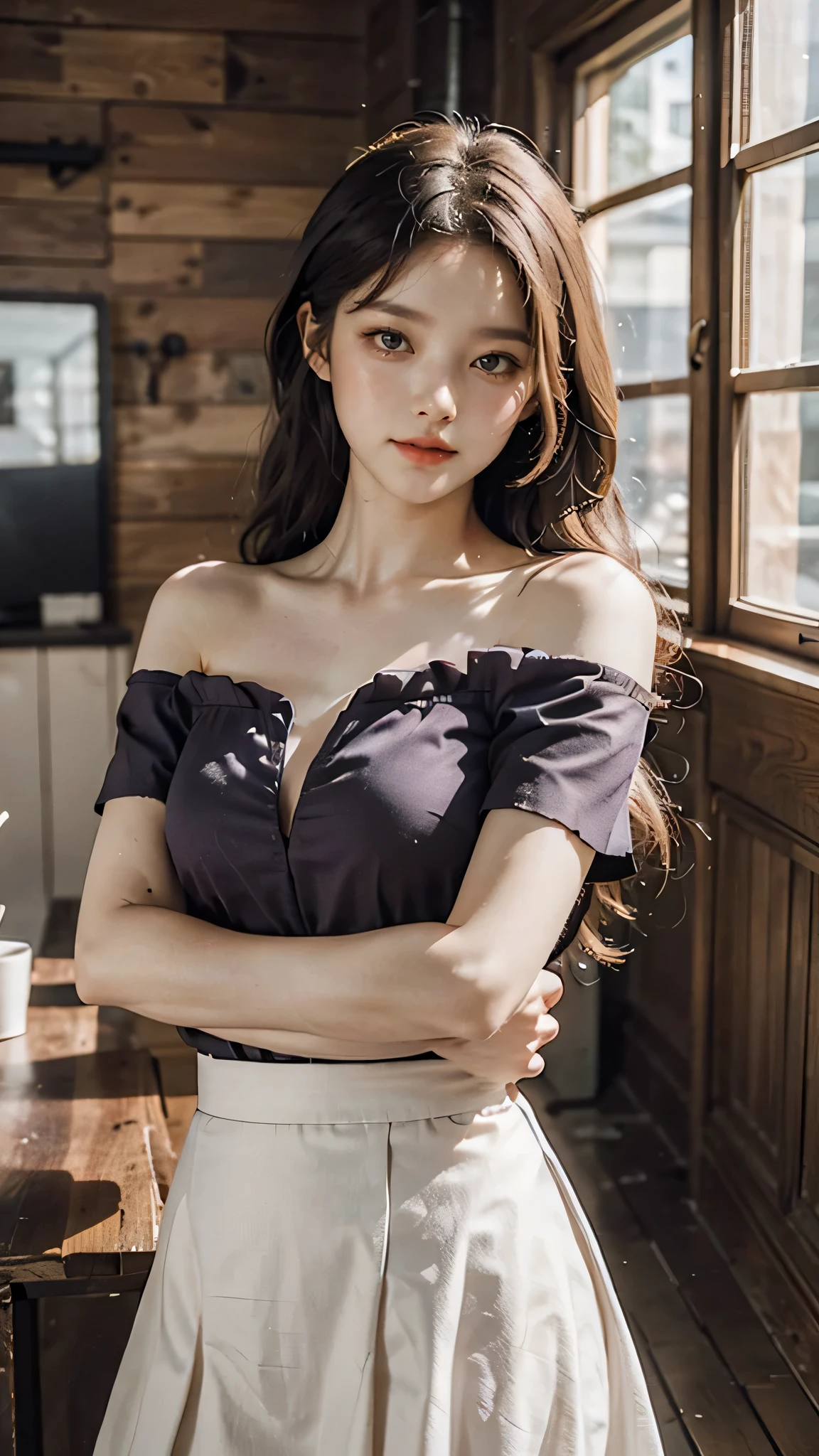 detailed background, masterpiece, best quality, 1 person , curly hair, long hair, purple eyes, star in eye , sharp red Strapless blouse, long skirt, cute different poses, indoor wood furniture ,light wood color,, upper body , Red color