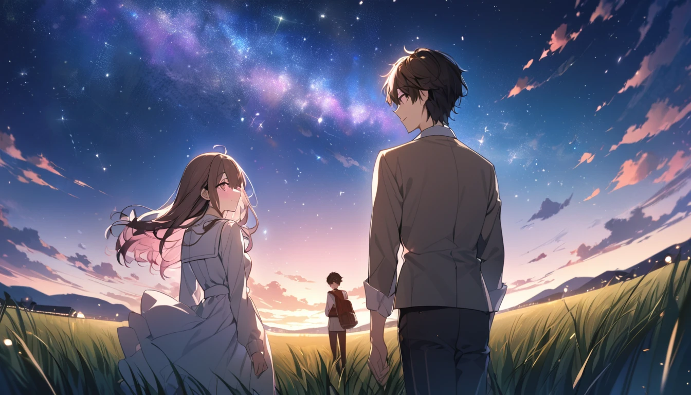 good looking, 2 high school students, Date,1 male, 1 female,Dark brown hair, Pink highlights on the tip, Pale pink eyes,A vast night sky with twinkling stars,A vast grassland,