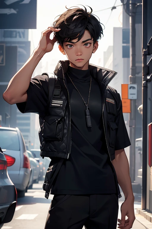 1boy, young male, age 19, solo, detailed eyes, detailed face, light skin, masterpiece, (UntuckedShirt:1.2), plain Black t-shirt, oversized t-shirt, tactical vest, long black pants, flirty posing, hot summer, top quality