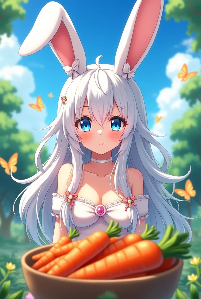 anime girl with bunny ears and blue eyes standing in front of a bowl of carrots, Little bunny, Bunny Lola fanart, with bunny ears, sww version, rabble_charachter, com grandes bunny ears, ahegao, seductive anime girl, white rabbit, long pointy ears, Arte Splash Anime , of the girls on the front line, bunny ears, anime bunnygirl anime girl com bunny ears and blue eyes standing in front of a bowl of carrots, a charachter portrait by Shitao, pixiv, furry art, Little bunny, Bunny Lola fanart, com bunny ears, sww version, rabble_charachter, com grandes bunny ears, ahegao, seductive anime girl, cat white, long pointy ears