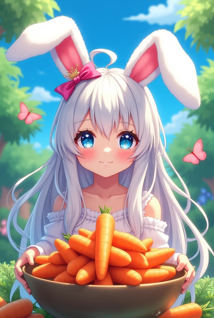 anime girl with bunny ears and blue eyes standing in front of a bowl of carrots, Little bunny, Bunny Lola fanart, with bunny ears, sww version, rabble_charachter, com grandes bunny ears, ahegao, seductive anime girl, white rabbit, long pointy ears, Arte Splash Anime , of the girls on the front line, bunny ears, anime bunnygirl anime girl com bunny ears and blue eyes standing in front of a bowl of carrots, a charachter portrait by Shitao, pixiv, furry art, Little bunny, Bunny Lola fanart, com bunny ears, sww version, rabble_charachter, com grandes bunny ears, ahegao, seductive anime girl, cat white, long pointy ears