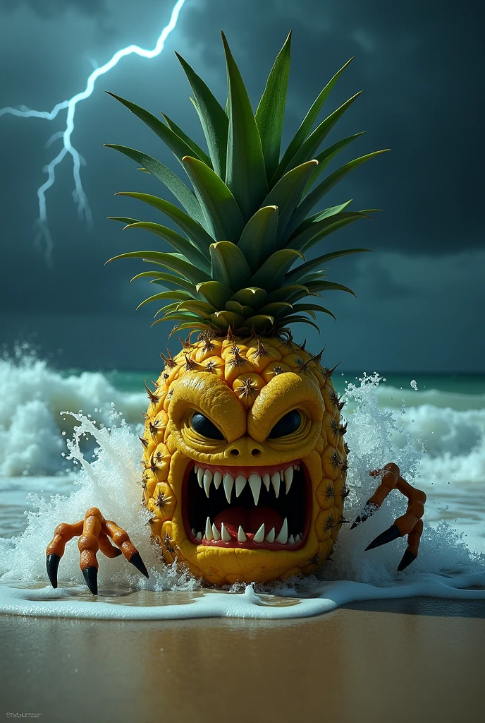 Create a scary pineapple illustration, Make it even more terrifying, Give it claws and teeth