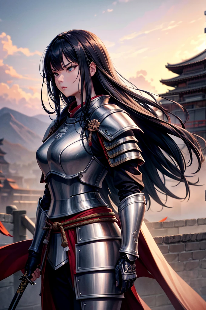Armored1People Women, Asian Woman, Holding a large sword, sad, Intimidating Appearance, Old Japanese samurai clothing, Wearing light armor, Tight waist, Black Hair, Long Hair, black eye, Five fingers, An old Japanese castle in the background, hair over eyes, big hair, cinematic lighting, cowboy shot, anime, UHD, retina, masterpiece, accurate, anatomically correct, textured skin, super detail, high details, high quality, award winning, best quality, highres