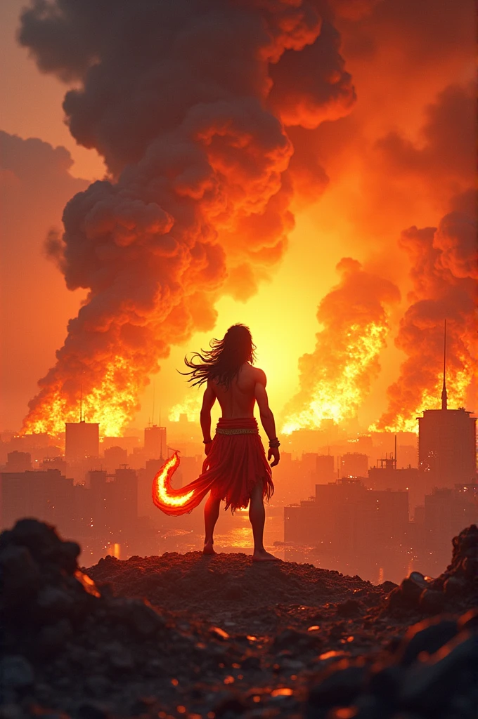 Burning of Lanka
Show Hanuman setting Lanka on fire with his burning tail. The scene should be dramatic, with flames engulfing the city, smoke rising high into the sky, and Hanuman standing amidst the fire, powerful and unyielding. Buildings are crumbling, and the sky is illuminated with the blaze. Create cinematic 3D cartoon style 