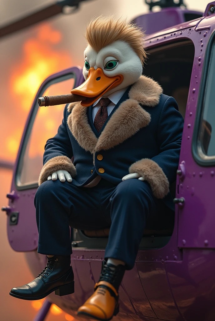 Mafia soft fur skin duck with hairstyle of donald trump wearing suit and pant smoking cigar sitting on the side of a open door purple helicopter flying in the air, battlefield backgrond, fire everywhere