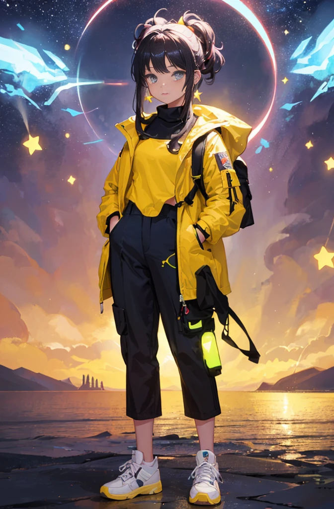 (masterpiece, top quality, best quality, official Lyra "Glow" Thompson's unique outfit features a stylish and functional blend of contemporary fashion and whimsical elements that reflect her scientific ambitions. The base layer consists of a fitted navy blue turtleneck adorned with glowing constellations and high-waisted black cargo pants with luminescent seams for storing tools. The outer layer includes an oversized, iridescent laboratory coat with neon accents and twinkling LED lights. She completes her look with bright white high-top sneakers featuring customizable LEDs. Accessories include a tech-inspired bracelet that changes color with her mood, star-shaped glowing earrings, and a compact backpack decorated with science-themed patches. Overall, the outfit embodies her creativity, individuality, and optimistic nature while supporting her aspirations as a future scientist.
