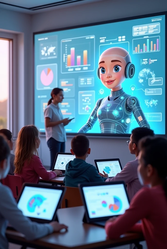 Create an image that represents artificial intelligence applied to teaching, learning and education