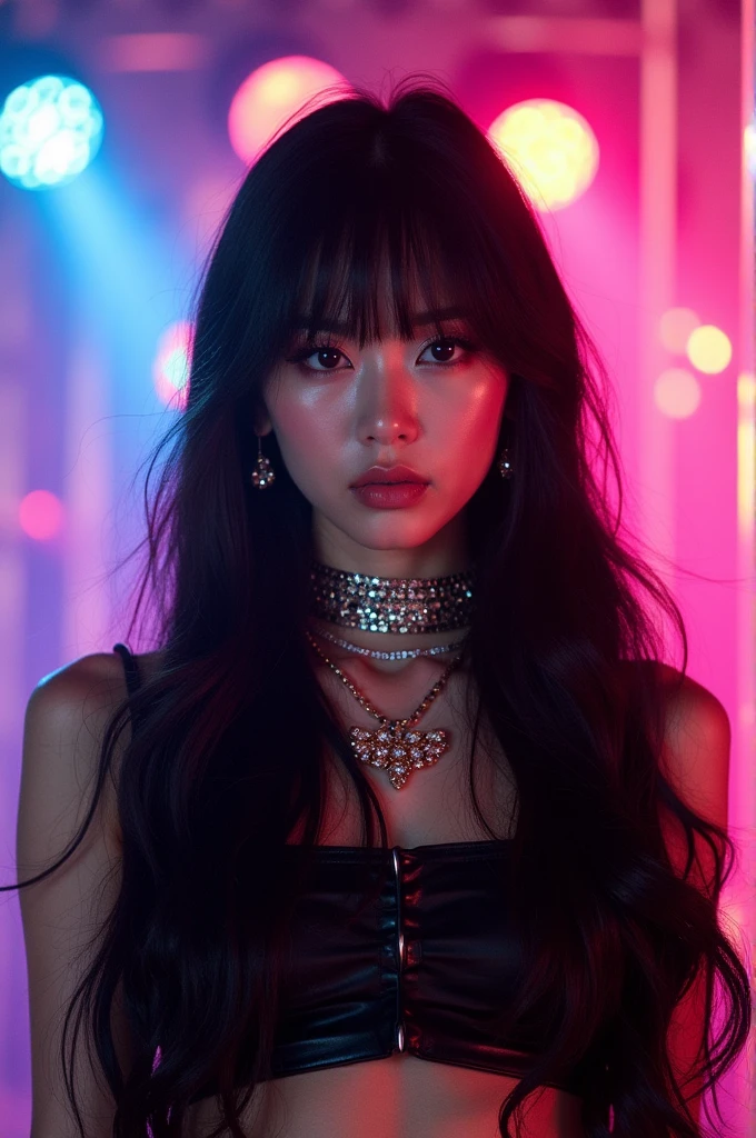 A Kpop idol with long black hair, She has bangs, Her face is serious and she looks a bit like Seulgi from Red Velvet