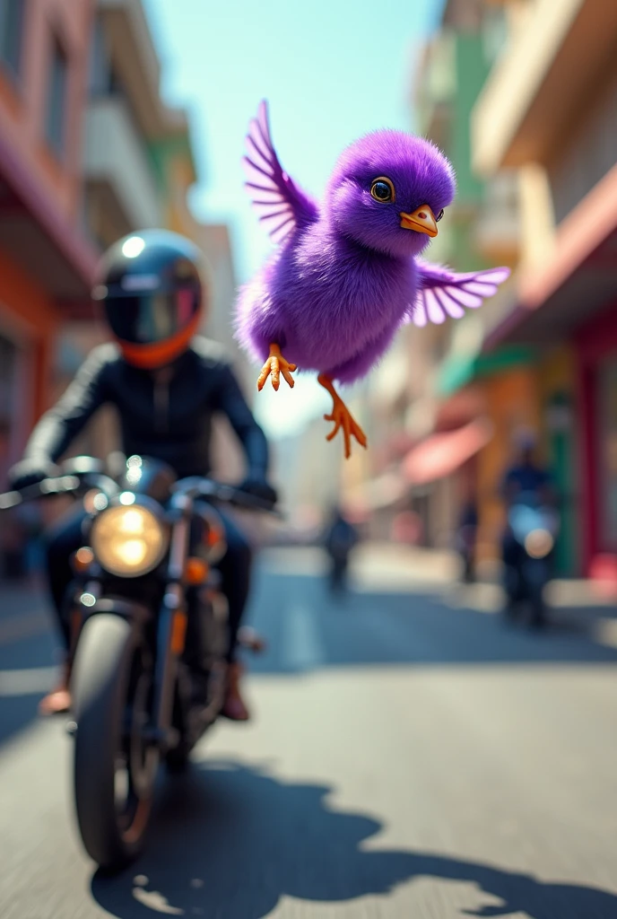 Realistic image of a purple chick, upside down in the air, while dodging a moving motorcycle