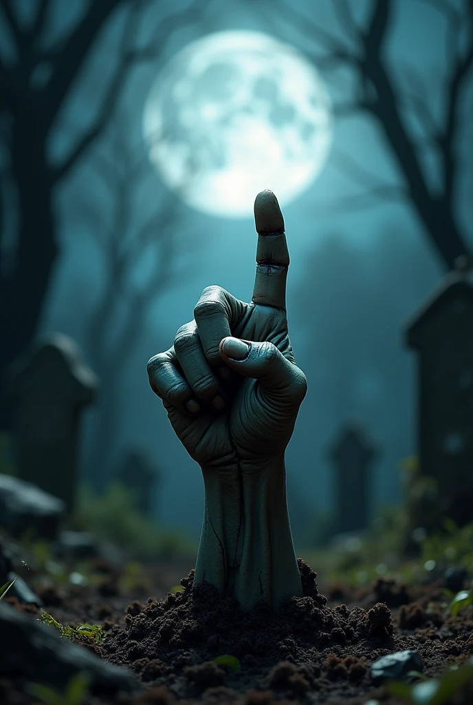 professional photography, Close-up of a zombie hand in the shape of a good job protruding from the ground in a graveyard on a full moon night, bokeh effect, depth of field, hyper Realistic, Professional photography, Cinema Lighting