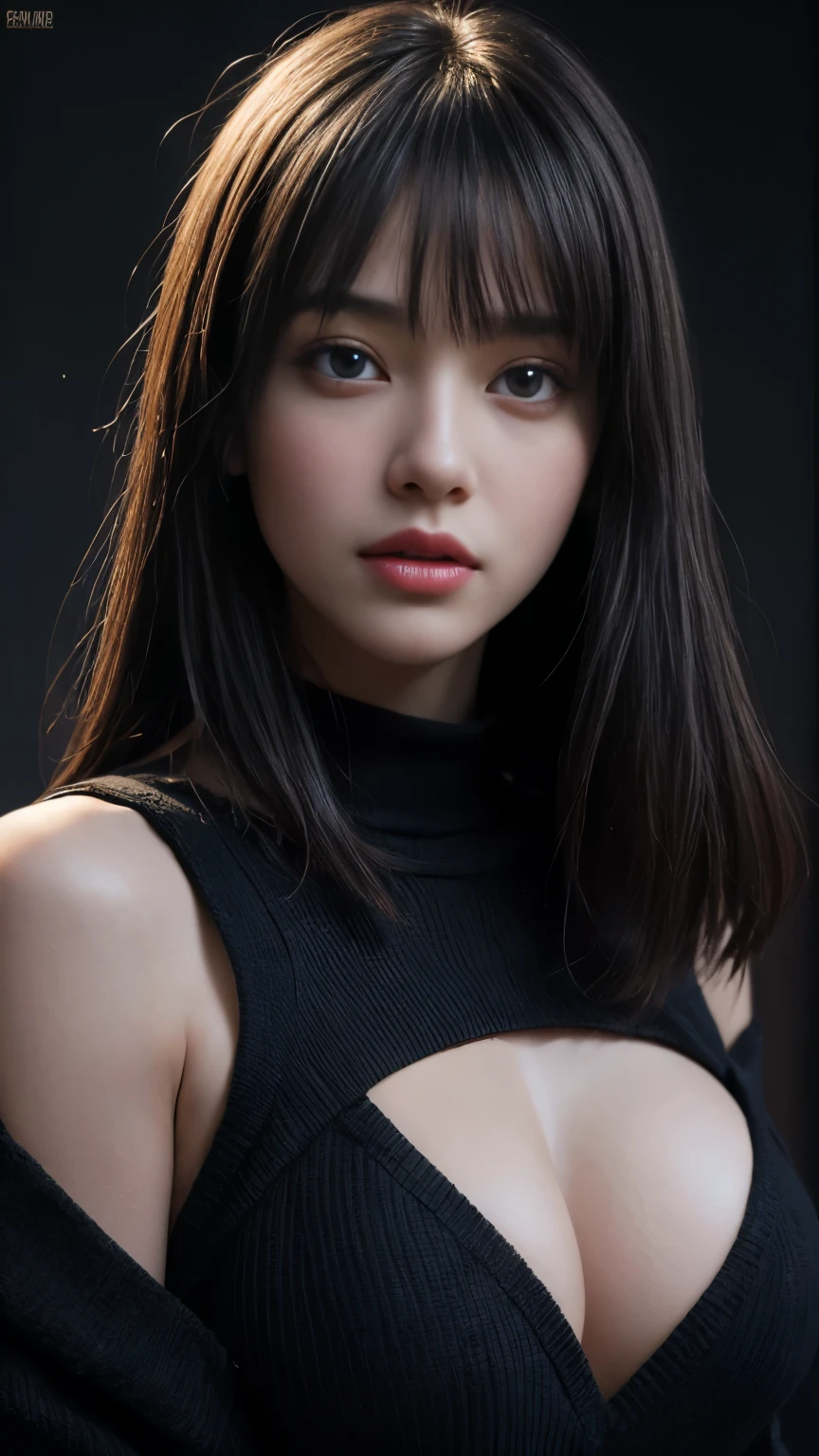 masterpiece, best quality, ultra-detailed, facing the camera head on, intricately detailed hyperdetailed, realistic, sharp features, highly detailed, sharp focus, perfect face, perfect face, perfect symmetrically perfect eyes, perfect full lips, flexible female form, cinematic, film light, hyper detailed, hyper realistic, masterpiece, atmospheric, high resolution, vibrant, dynamic studio lighting, nsfw, ((Dark background)), Sexy face, Facial expressions when receiving pleasure, straight Bangs, blue Eyes, black sweater,