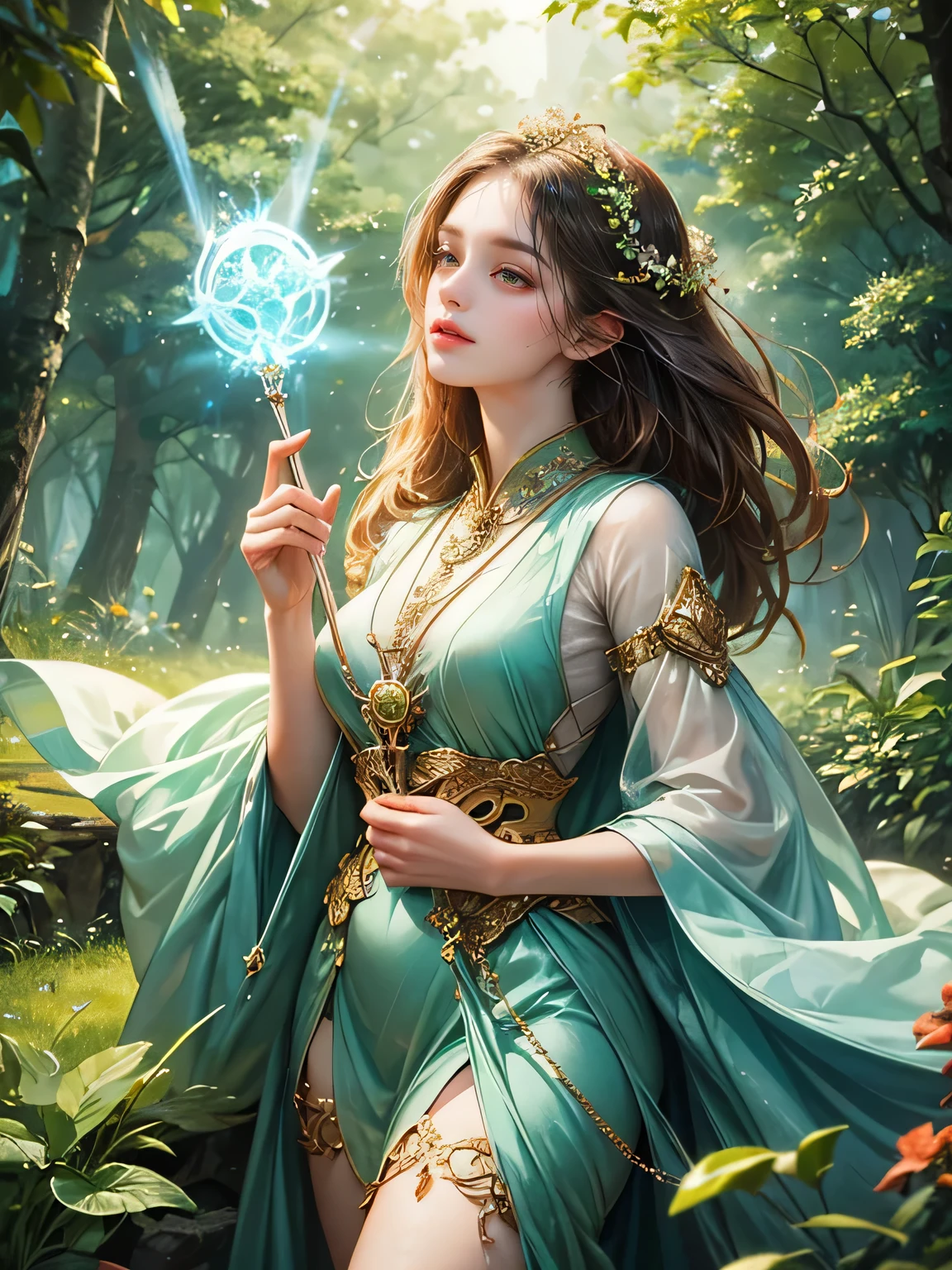 "Create an ultra-realistic image of a beautiful holding a magical staff that radiates the essence of nature. She should be dressed in a refined, dark green shaded outfit that reflects her deep connection to the natural world. Surround her with elements of nature, such as vibrant plants, blooming flowers, and serene forest scenery, showcasing her command over this element. Include a distinct nature symbol on her body, signifying her role as the keeper of nature and illustrating the powerful, nurturing energy of nature she holds within her."