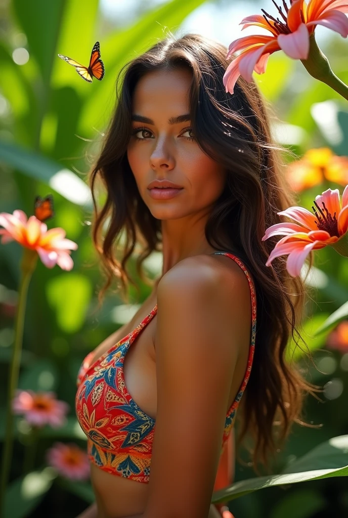 A Brazilian woman in a tropical garden, wearing nothing, with a close-up capturing the harmonious beauty between her breasts and the natural flowers, showing off your natural charm and outgoing personality.