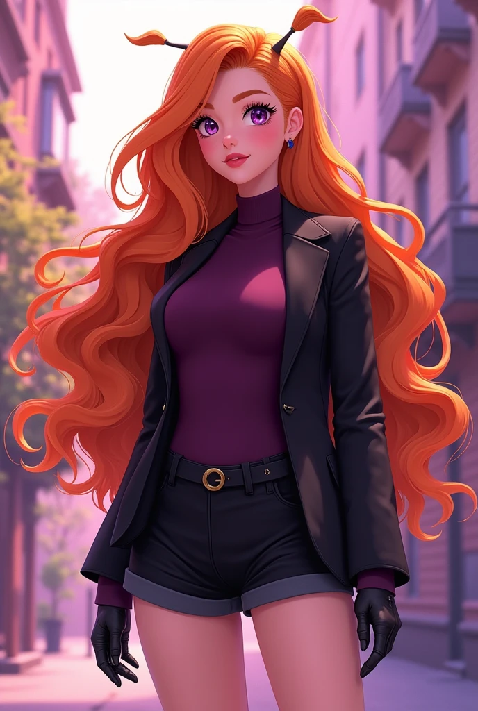 Vanessa is a very beautiful fifteen-year-old girl with snow-white skin, She has long, wavy, bright light orange hair that is usually styled half up with two strands falling down her beautiful face.,She has almond-shaped eyes, a light lilac purple color., her face is heart-shaped and she has a small nose and salmon pink lips, She wears an elegant dark purple turtleneck shirt with a black jacket and black dress shorts., she also wears black high-heeled boots with a small heel. ((Epic Anime 3D)) ((Miraculous ladybug))