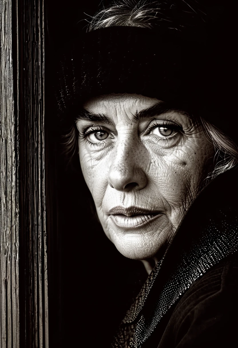 AN OLD LADY WITH WRINKLES AND SAD LOOK, IN 8K BLACK AND WHITE