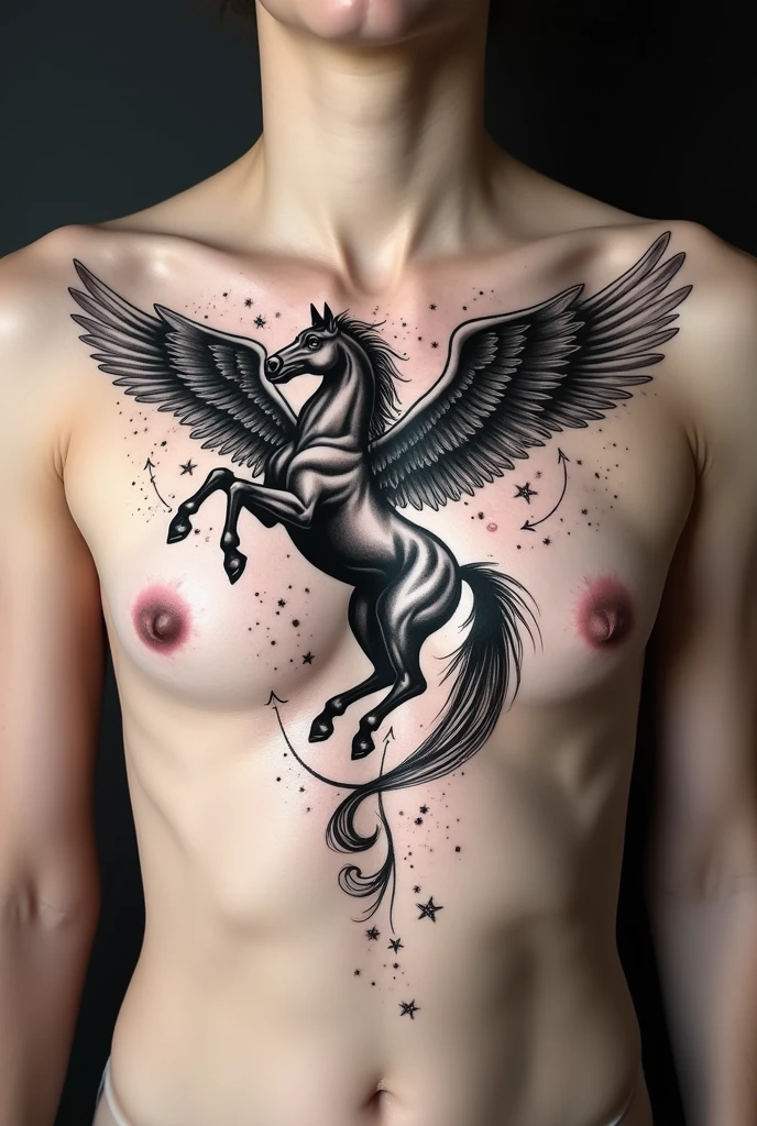 Blackwork tattoo, chest pegasus