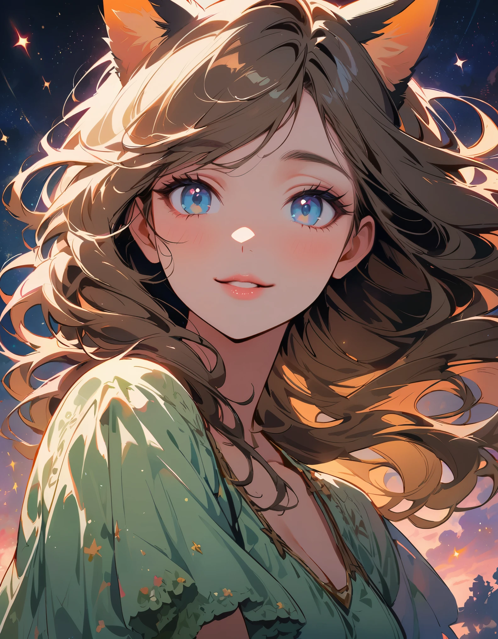 cartoon,upper body portrait,cat ears,Beautiful detailed lips,middle smile,Sexy and refreshing look,Beautiful and lovely face hidden in long shiny golden hair,Young woman,Big clear blue eyes,playful expression,Gorgeous light green dress,Red jewelry,sexual innuendo,medium:Cartoon style,Soft pastel shades,soft light,Gorgeous starry sky background,Happy and optimistic atmosphere