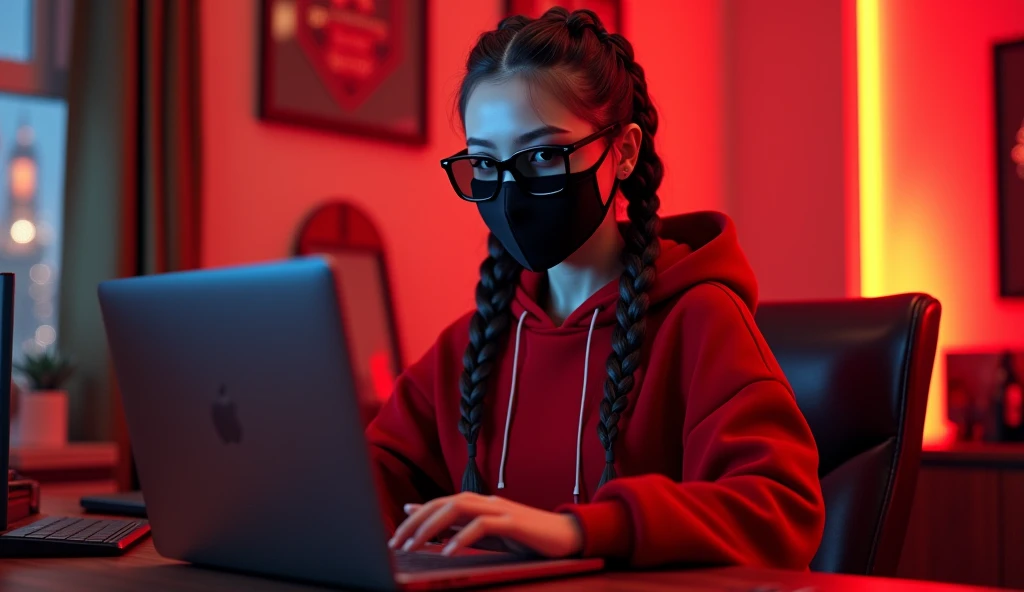 A stunning 3D render illustration of a young, confident woman exuding intelligence and style black face mask, a red hoodie wearing a black sunglasses  . She is sitting behind his MacBook in his office, . It is night. The room has volumetric red lighting. He is front facing to the camera, looking straight and centered, central portrait, sitting straight, front view, centered looking straight.. Her hair is styled in two graceful braids and she wear a black sunglasses which cover her eyes .cascading down her shoulders. The cozy, intimate background showcases a gaming lover, including a prominent fortress or castle. This vibrant space is a reflection of her unique personality and interests, creating an inviting atmosphere., 3d render, illustration