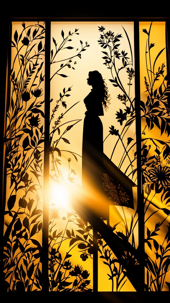 Shadow play, Fusion Art, Silhouette Art, masterpiece, Transparent、The shadow of a woman projected onto the translucent curtains
