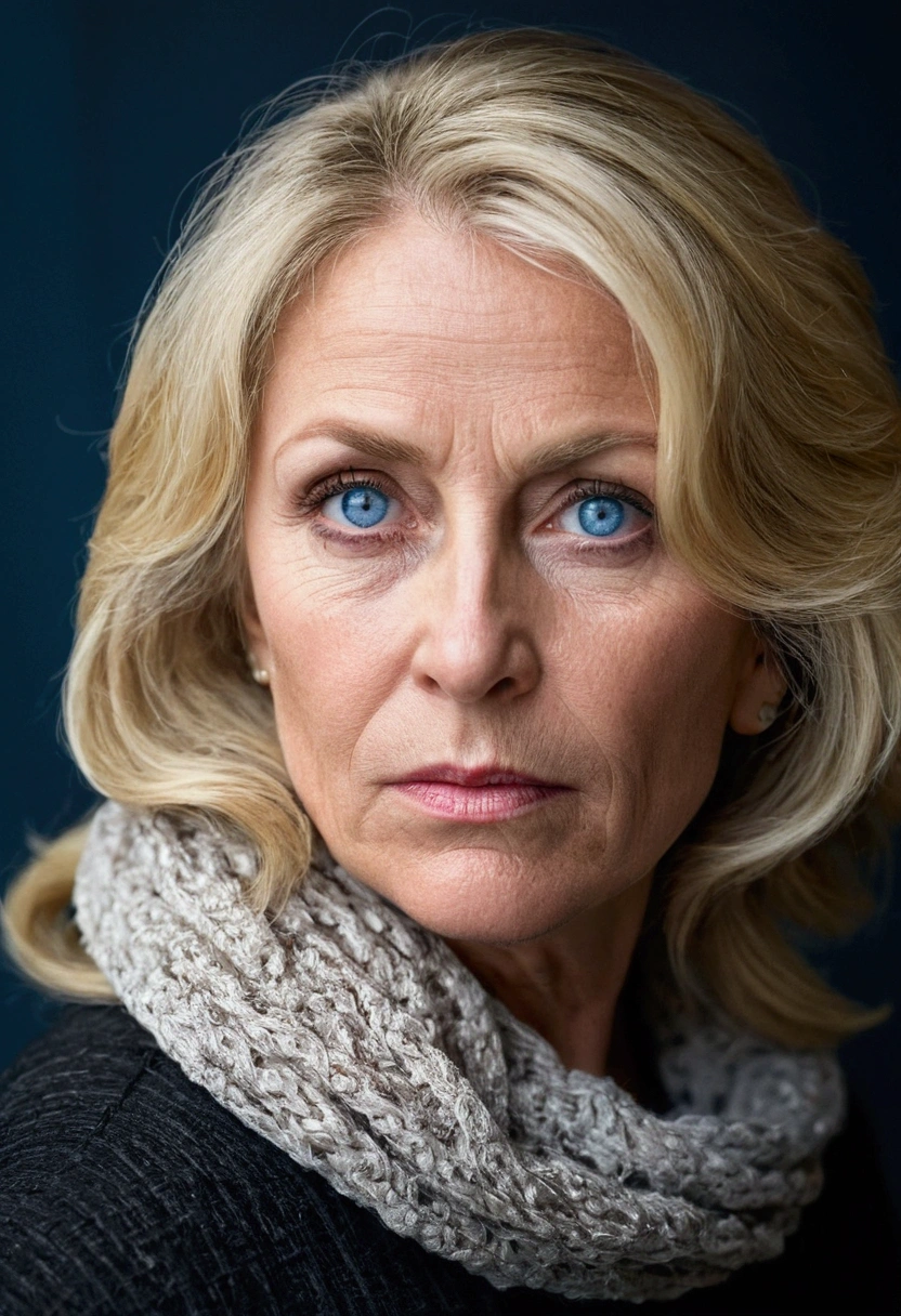 52-year-old woman, blonde, blue eyes with incredulous expression, cold atmosphere