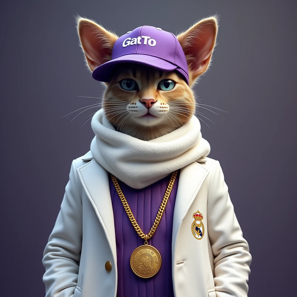 GaTo (animal), long purple coat*To, long white coat , Real Madrid white scarf, sporting a gold chain around the neck with a Real Madrid cap 