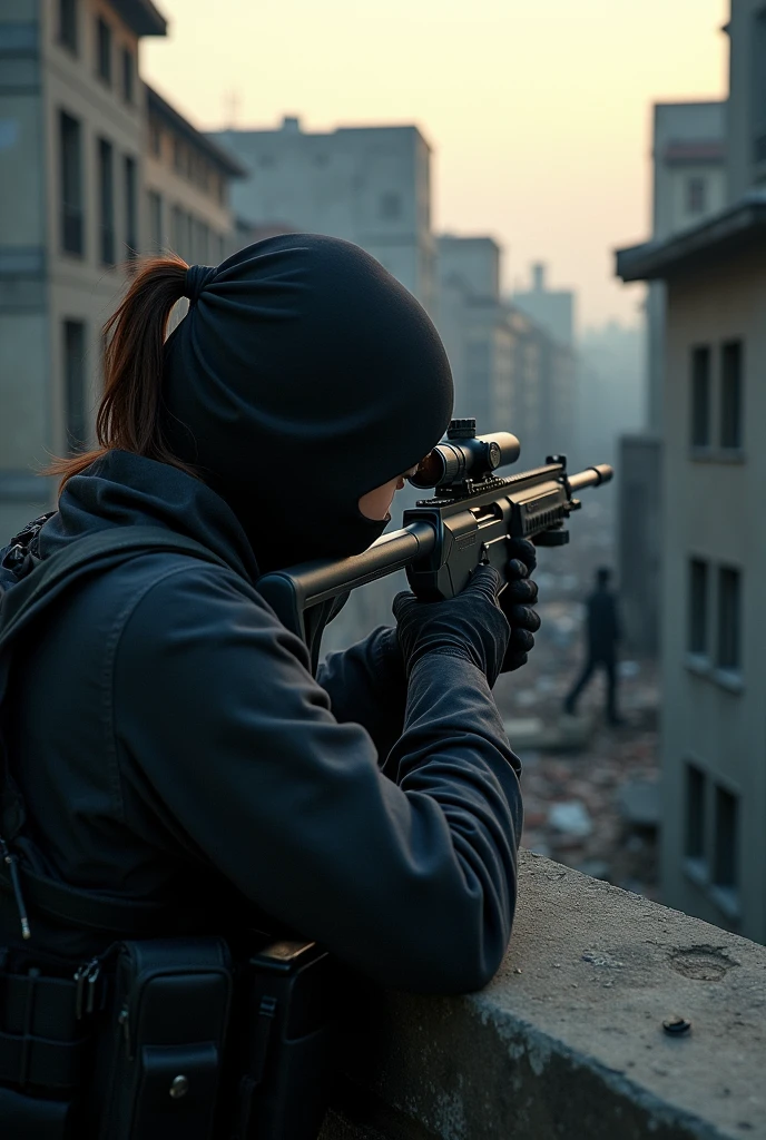 Create an image of a South Korean female sniper wearing a cloth mask headshotting an enemy