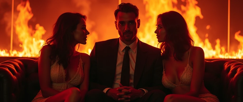 Demon presenter wearing a suit, is in a place with a lot of fire hell burning , sitting on a couch with two hot slutty women