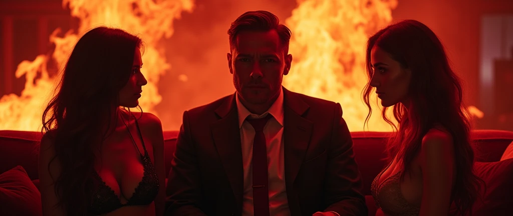 Demon presenter wearing a suit, is in a place with a lot of fire hell burning , sitting on a couch with two hot slutty women