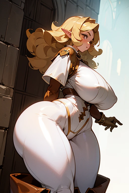 Solo dark elf girl, big fat juicy ass, widest hips, slim waist, thick supple thighs, blonde curled hair, back shot, fantasy ranger clothes, tight white spandex trouser, brown leather boots, brown leather gloves, cathedral + pews, huge mommy milkers