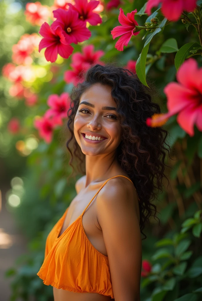 A Brazilian woman in a tropical garden, new, with a close-up capturing the harmonious beauty between her breasts and the natural flowers, showing off your natural charm and outgoing personality.