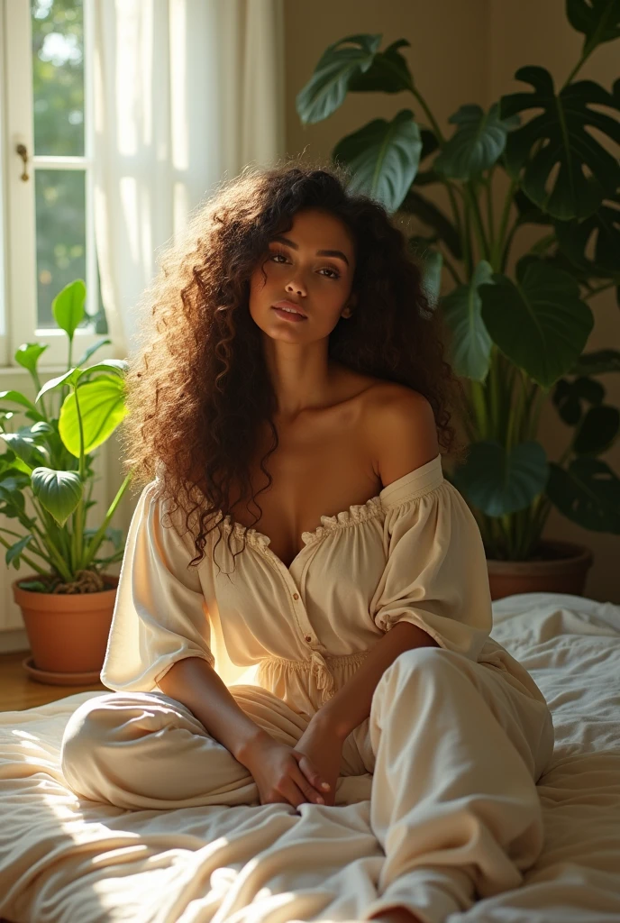(photorealism:1.2), beautiful woman, sitting on bed, wearing loose off-shoulder top, pajama pants, long curly hair, indoors, soft lighting, plants in background, window with sunlight, cozy room, relaxed pose, realistic, intricate details, warm colors, by Greg Rutkowski, by Alphonse Mucha